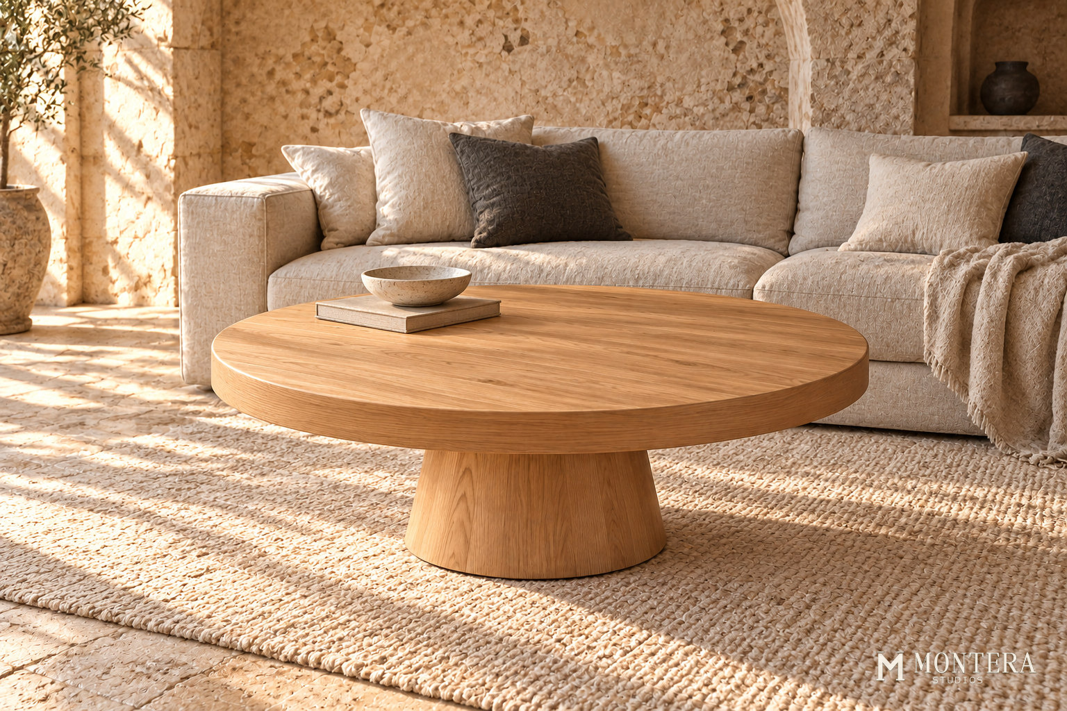 Circular natural oak Arc coffee table with a timber pedestal in a furnished living room