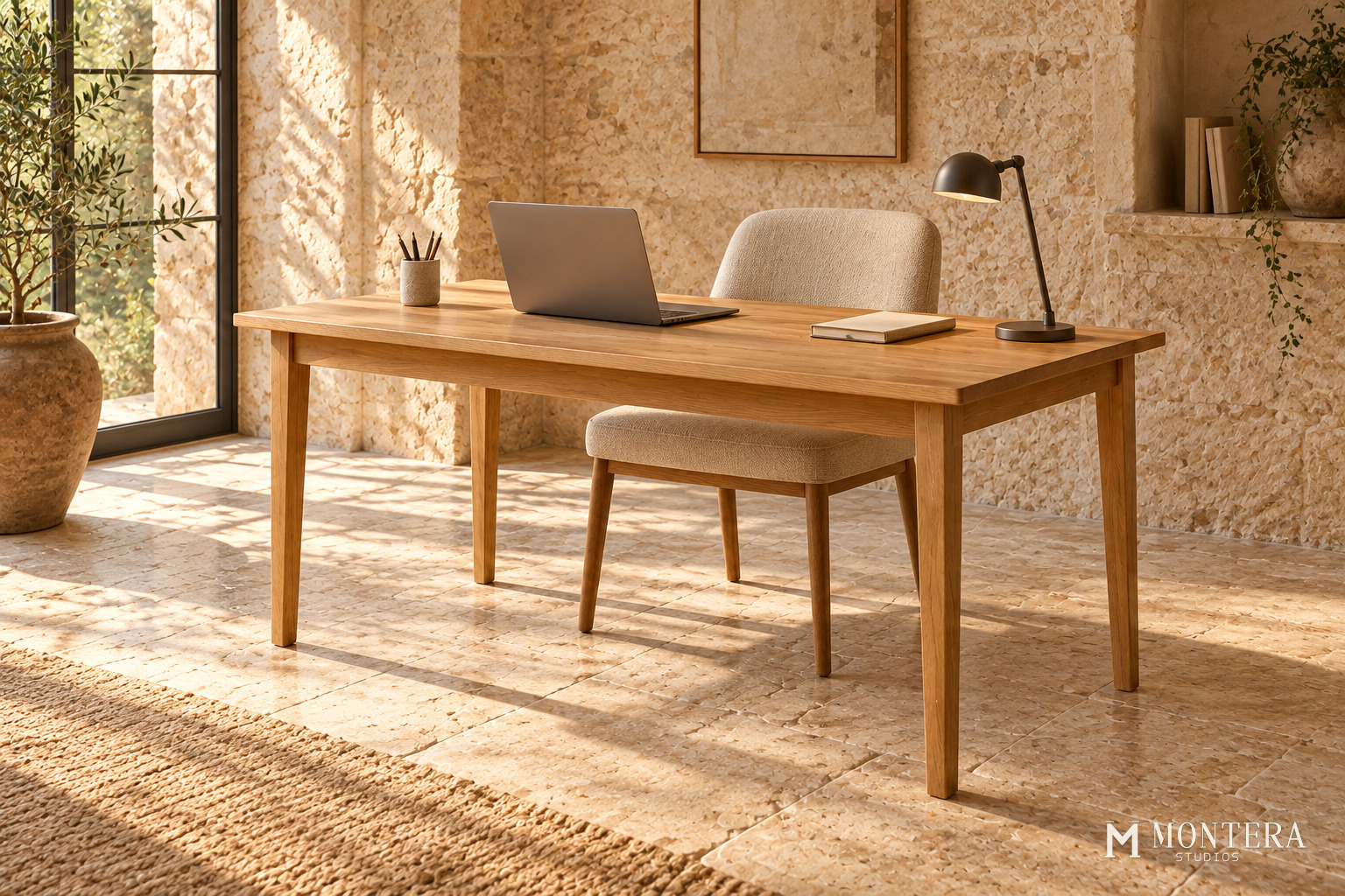 Natural oak Studio Desk with tapered timber legs in a home workspace